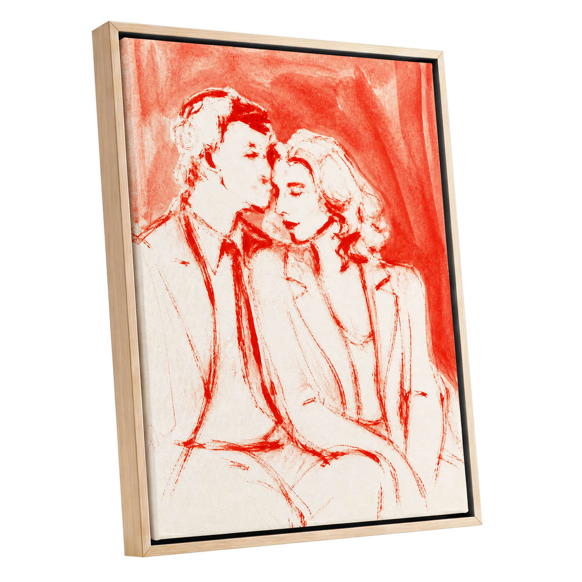 A Moment in Scarlet, red, pink, beige abstract wall art shown as a oak framed canvas wall art