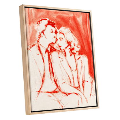 A Moment in Scarlet, red, pink, beige abstract wall art shown as a oak framed canvas wall art