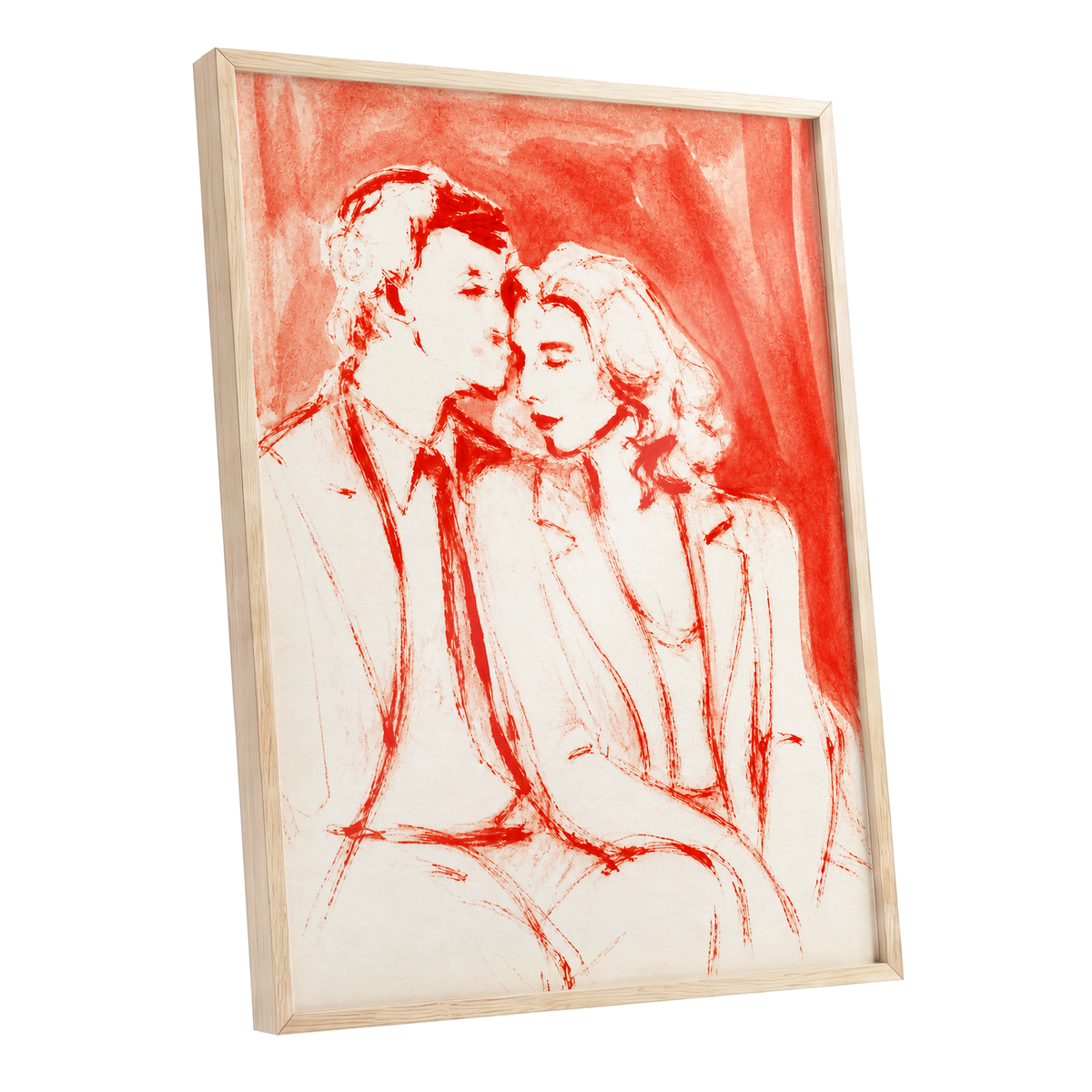 A Moment in Scarlet, red, pink, beige abstract wall art shown as a oak framed poster wall art print