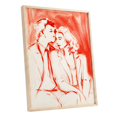 A Moment in Scarlet, red, pink, beige abstract wall art shown as a oak framed poster wall art print