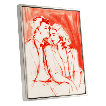 A Moment in Scarlet, red, pink, beige abstract wall art shown as a silver framed canvas wall art