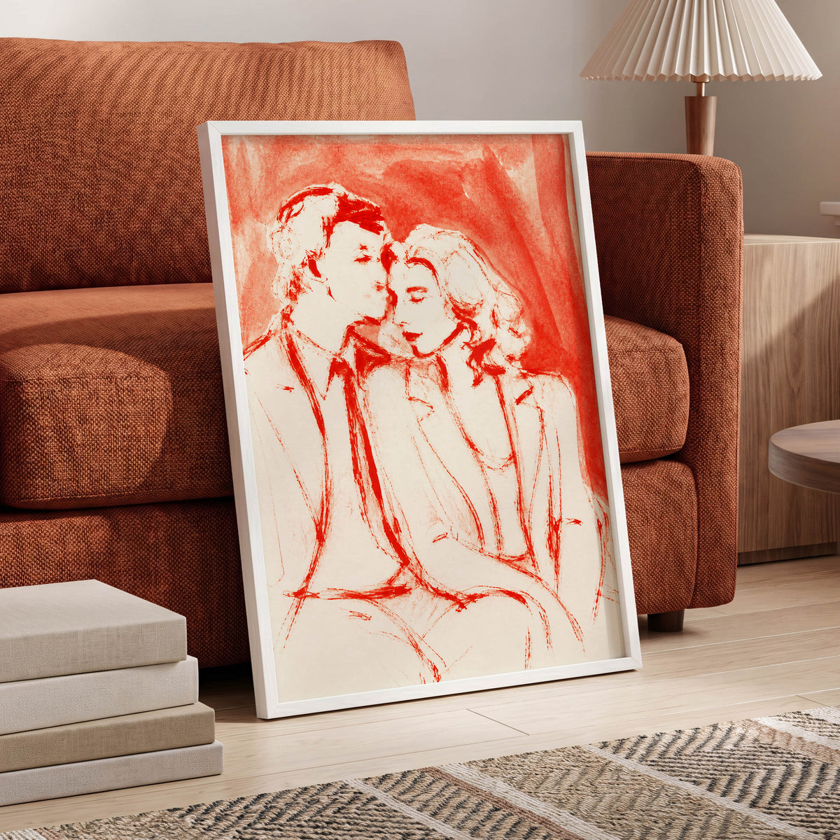 A Moment in Scarlet, red, pink, beige abstract wall art displayed in a styled interior, gallery view 2