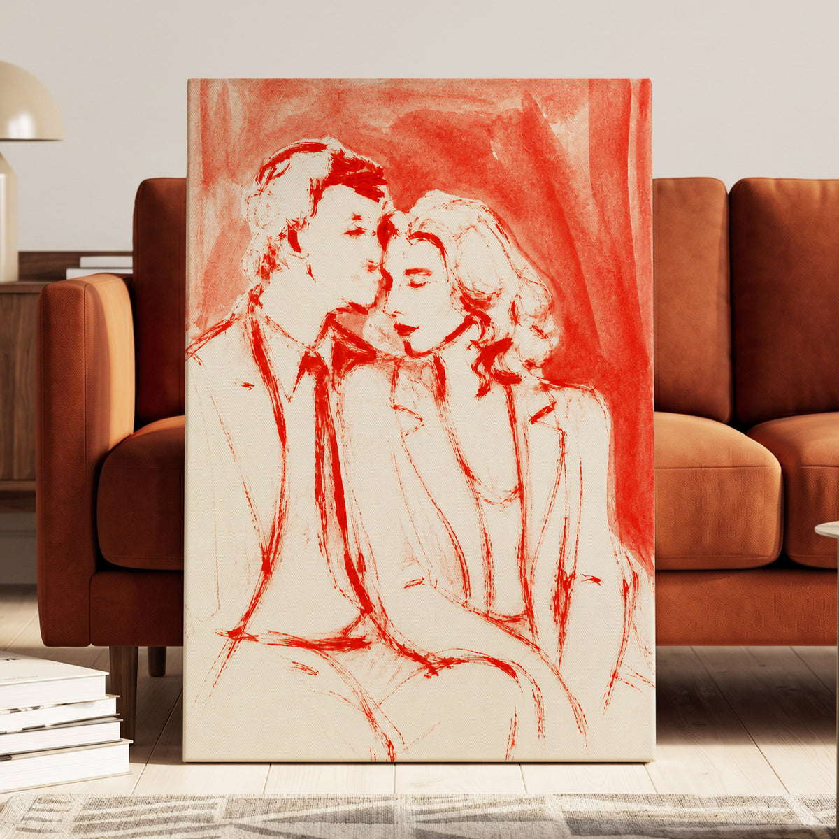 A Moment in Scarlet, red, pink, beige abstract wall art displayed in a styled interior, gallery view 3