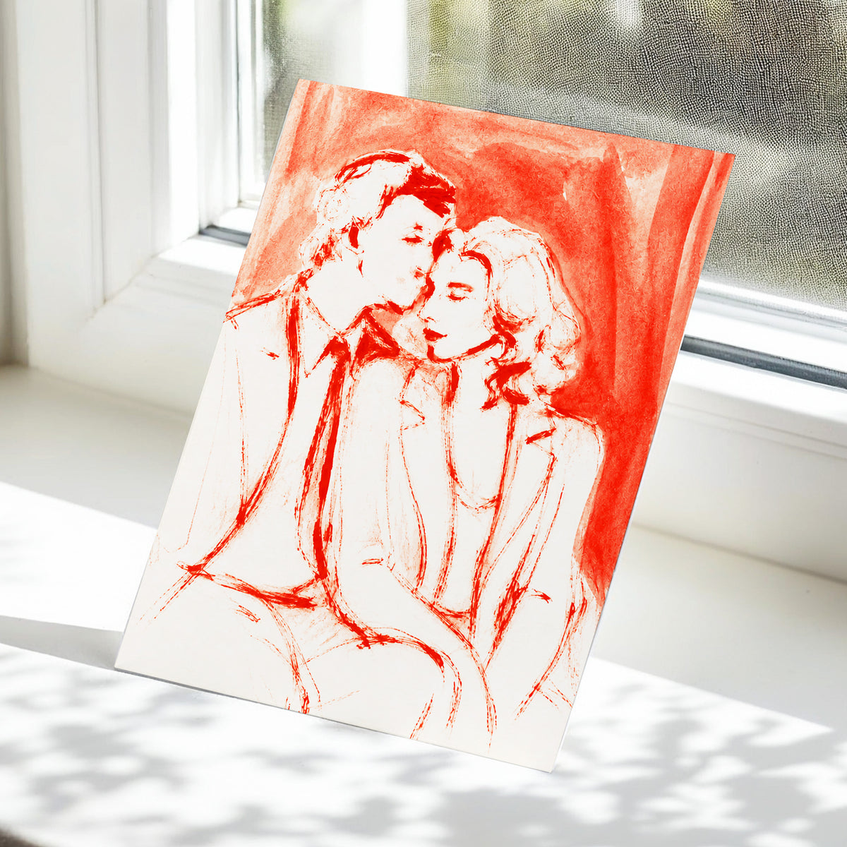 A Moment in Scarlet, red, pink, beige abstract wall art displayed in a styled interior, gallery view 5