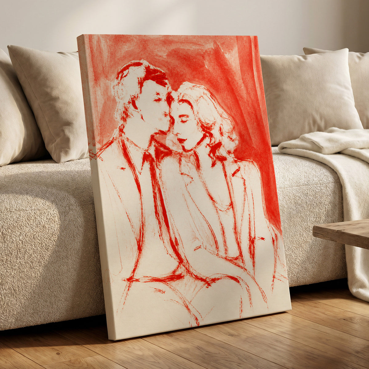 A Moment in Scarlet, red, pink, beige abstract wall art displayed in a styled interior, gallery view 7