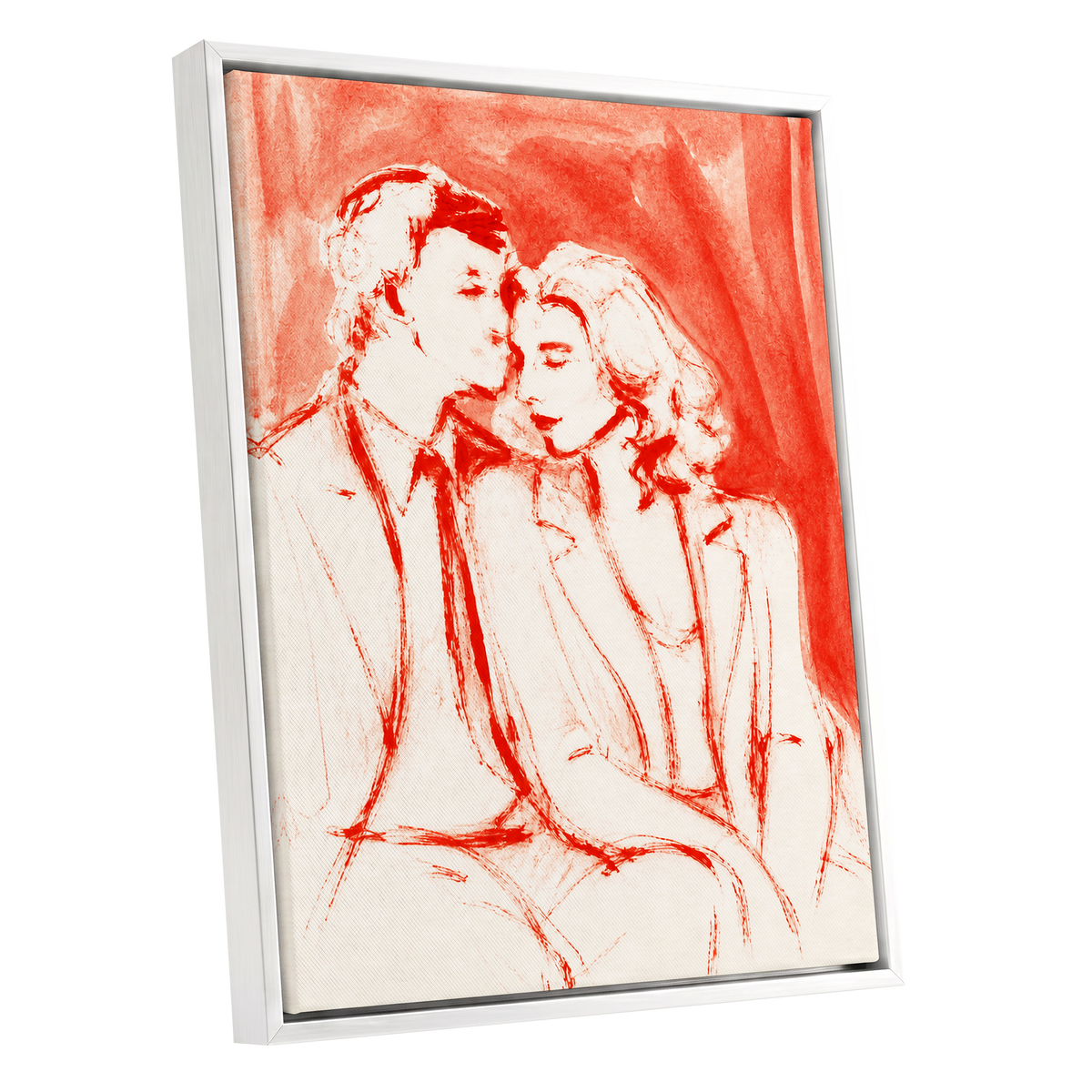 A Moment in Scarlet, red, pink, beige abstract wall art shown as a white framed canvas wall art