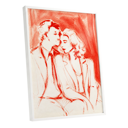 A Moment in Scarlet, red, pink, beige abstract wall art shown as a white framed poster wall art print