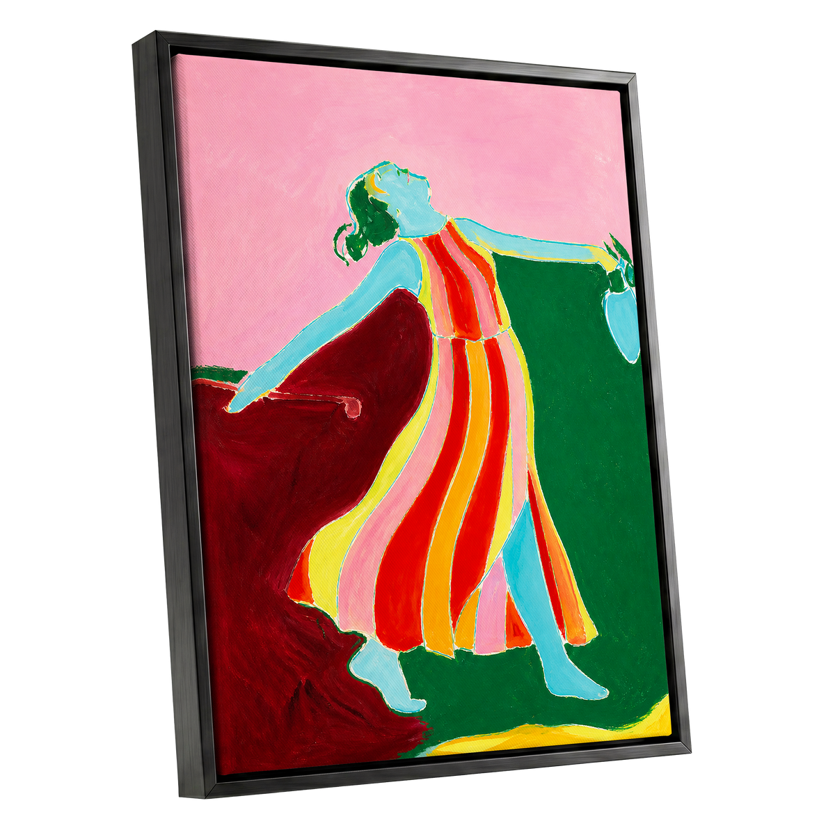 A Moment Unbound, pink, green, blue abstract wall art shown as a black framed canvas wall art