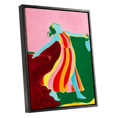 A Moment Unbound, pink, green, blue abstract wall art shown as a black framed canvas wall art