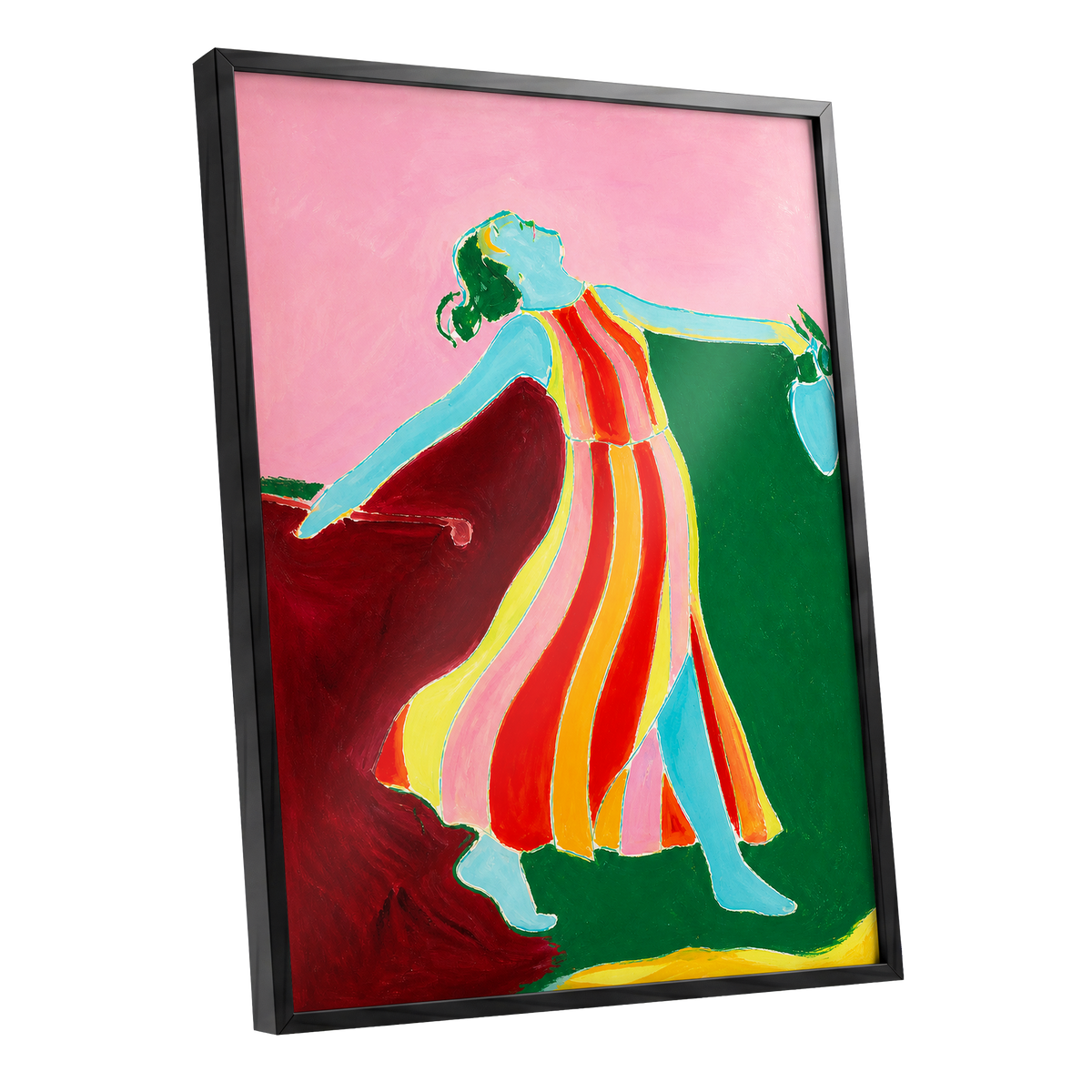 A Moment Unbound, pink, green, blue abstract wall art shown as a black framed poster wall art print