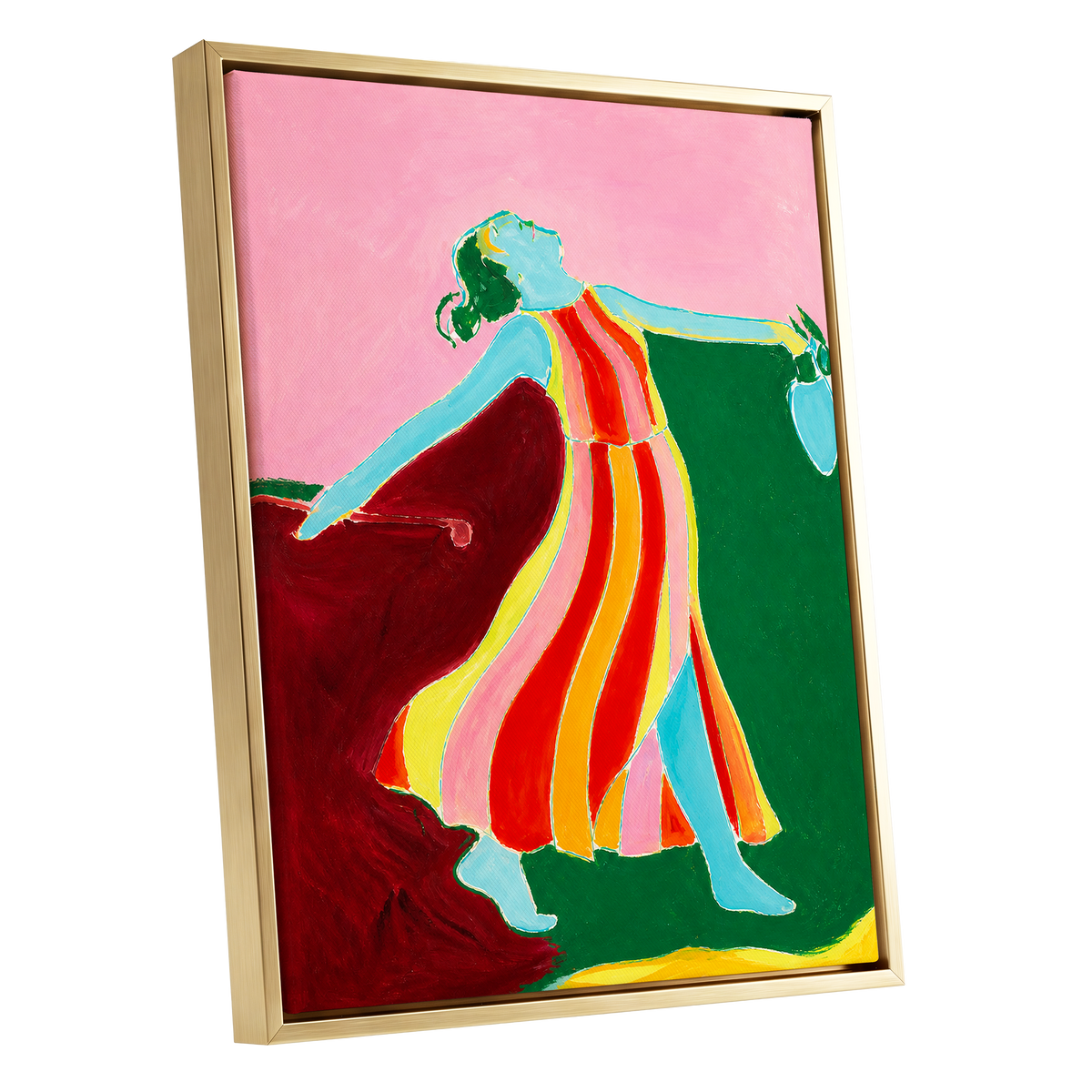 A Moment Unbound, pink, green, blue abstract wall art shown as a gold framed canvas wall art
