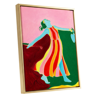 A Moment Unbound, pink, green, blue abstract wall art shown as a gold framed canvas wall art