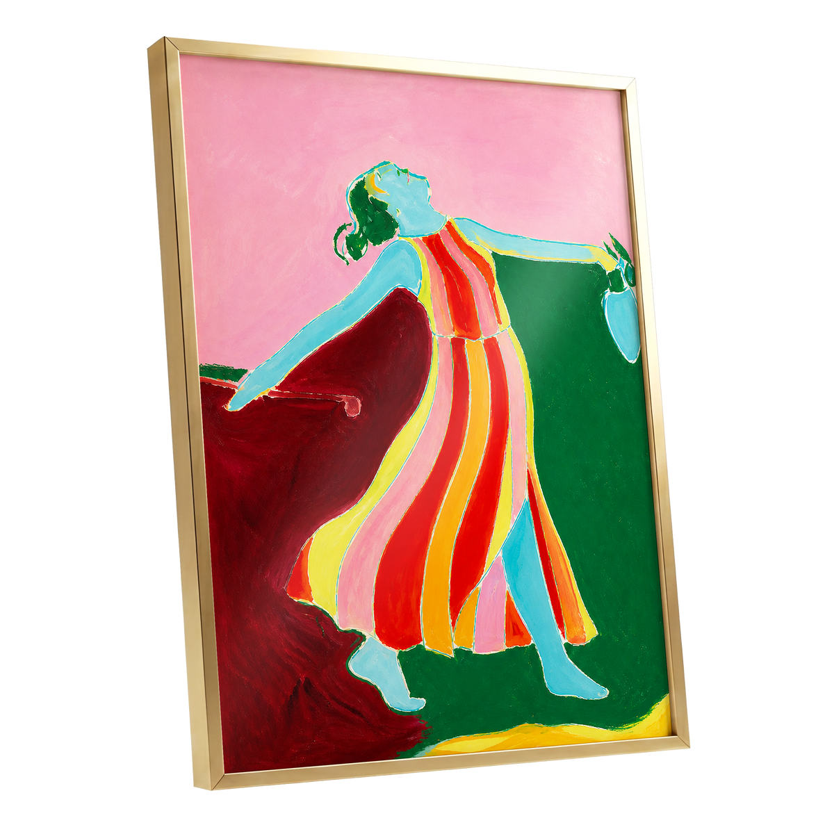 A Moment Unbound, pink, green, blue abstract wall art shown as a gold framed poster wall art print