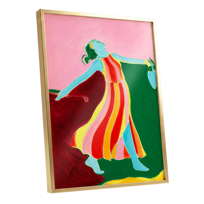 A Moment Unbound, pink, green, blue abstract wall art shown as a gold framed poster wall art print