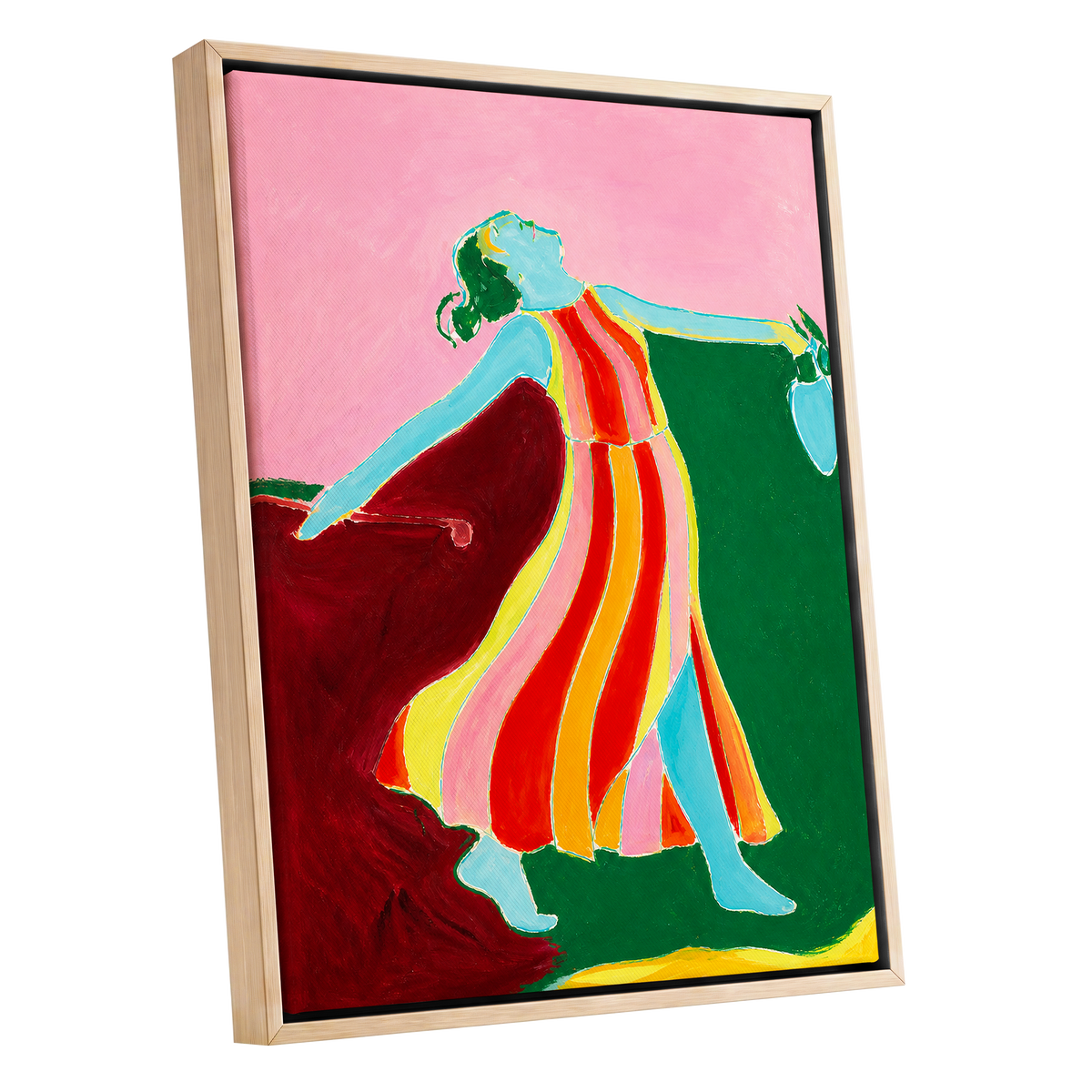 A Moment Unbound, pink, green, blue abstract wall art shown as a oak framed canvas wall art