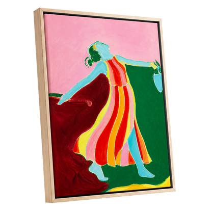 A Moment Unbound, pink, green, blue abstract wall art shown as a oak framed canvas wall art