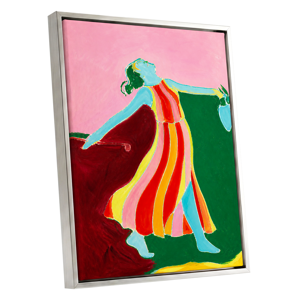 A Moment Unbound, pink, green, blue abstract wall art shown as a silver framed canvas wall art