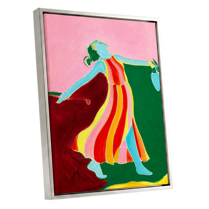 A Moment Unbound, pink, green, blue abstract wall art shown as a silver framed canvas wall art