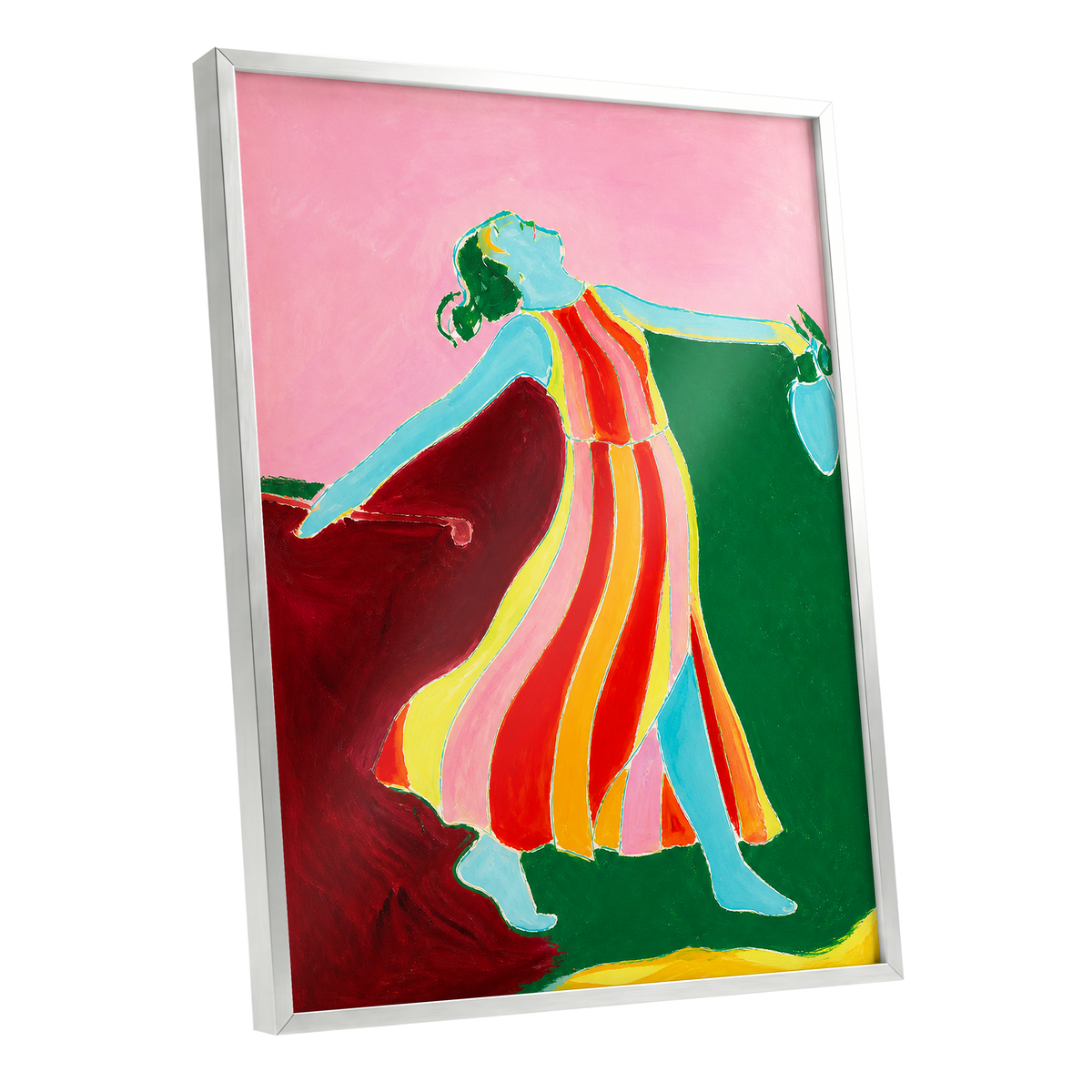 A Moment Unbound, pink, green, blue abstract wall art shown as a silver framed poster wall art print