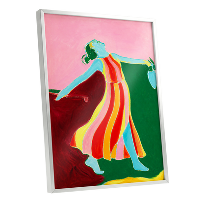 A Moment Unbound, pink, green, blue abstract wall art shown as a silver framed poster wall art print