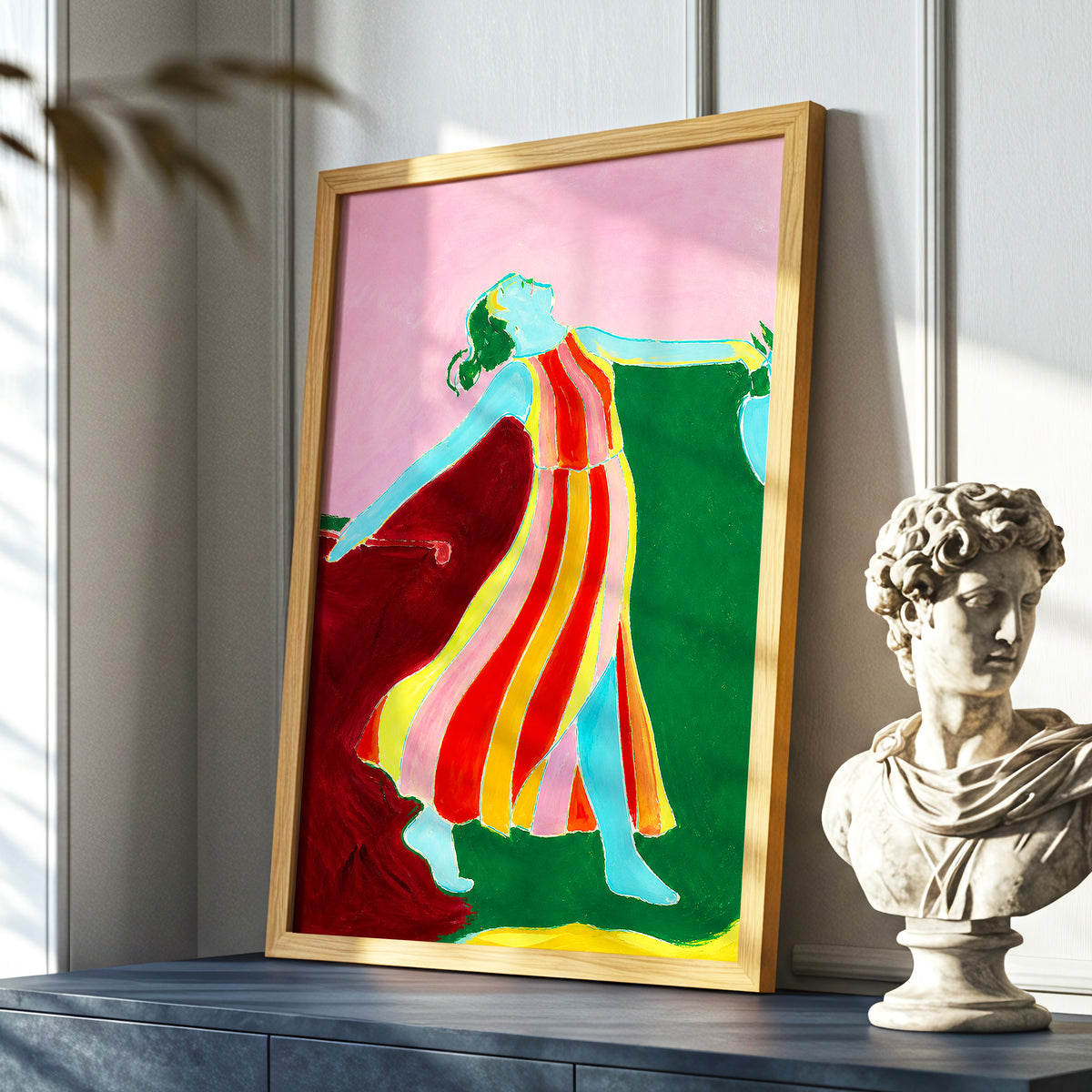 A Moment Unbound, pink, green, blue abstract wall art displayed in a styled interior, gallery view 6