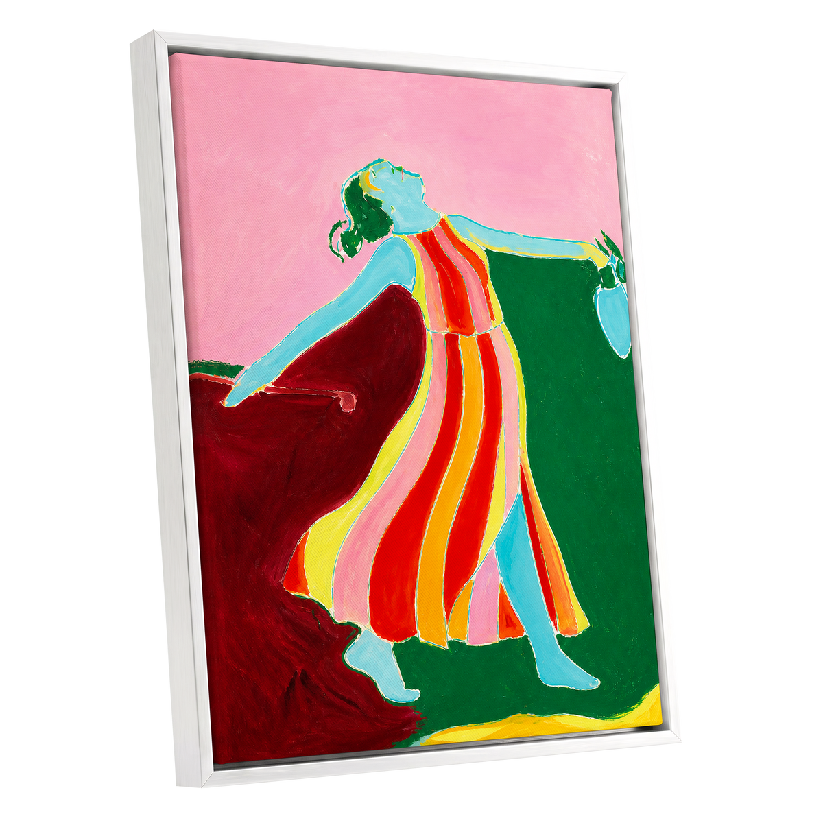 A Moment Unbound, pink, green, blue abstract wall art shown as a white framed canvas wall art