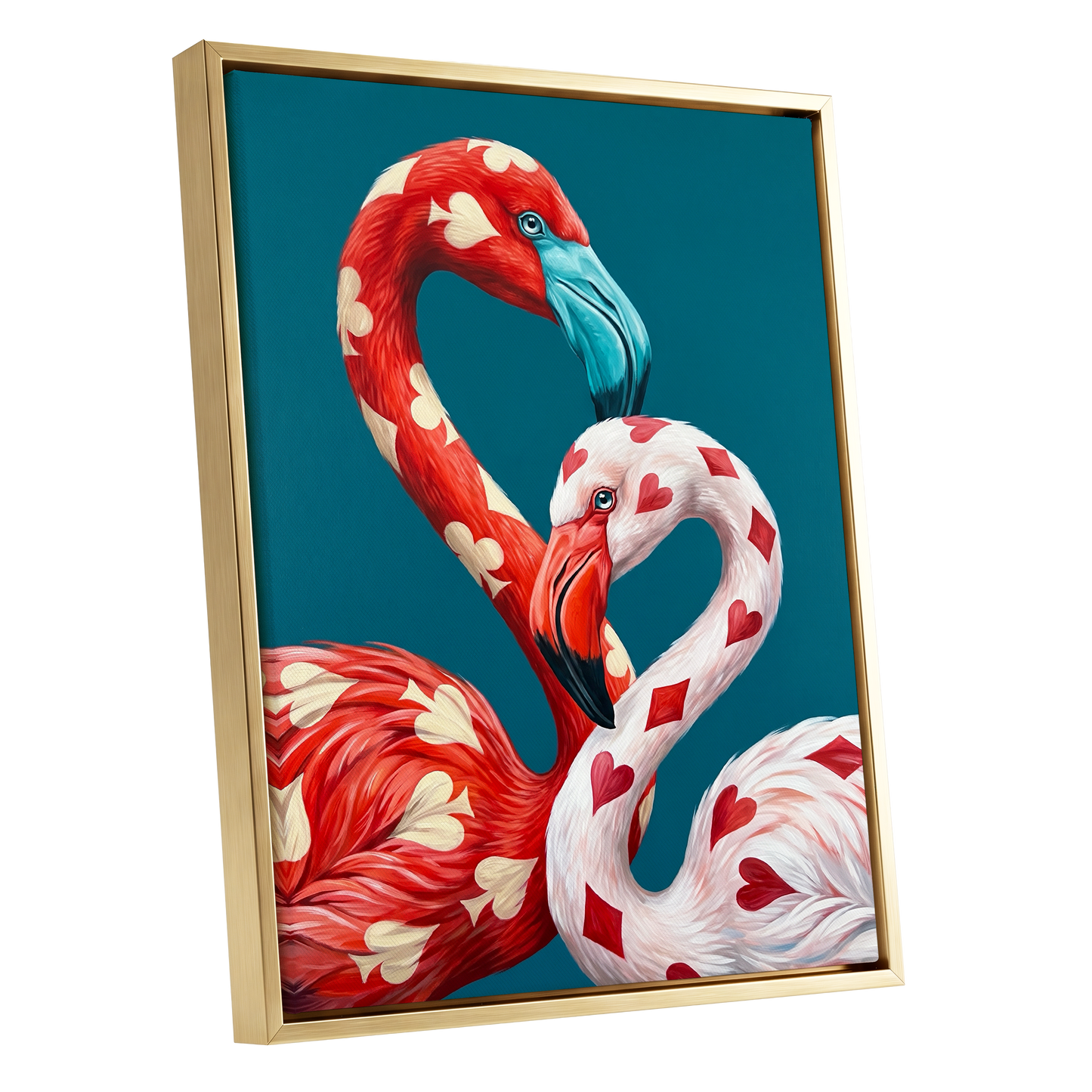A Pair of Wild Cards, red, white, blue nature wall art shown as a gold framed canvas wall art