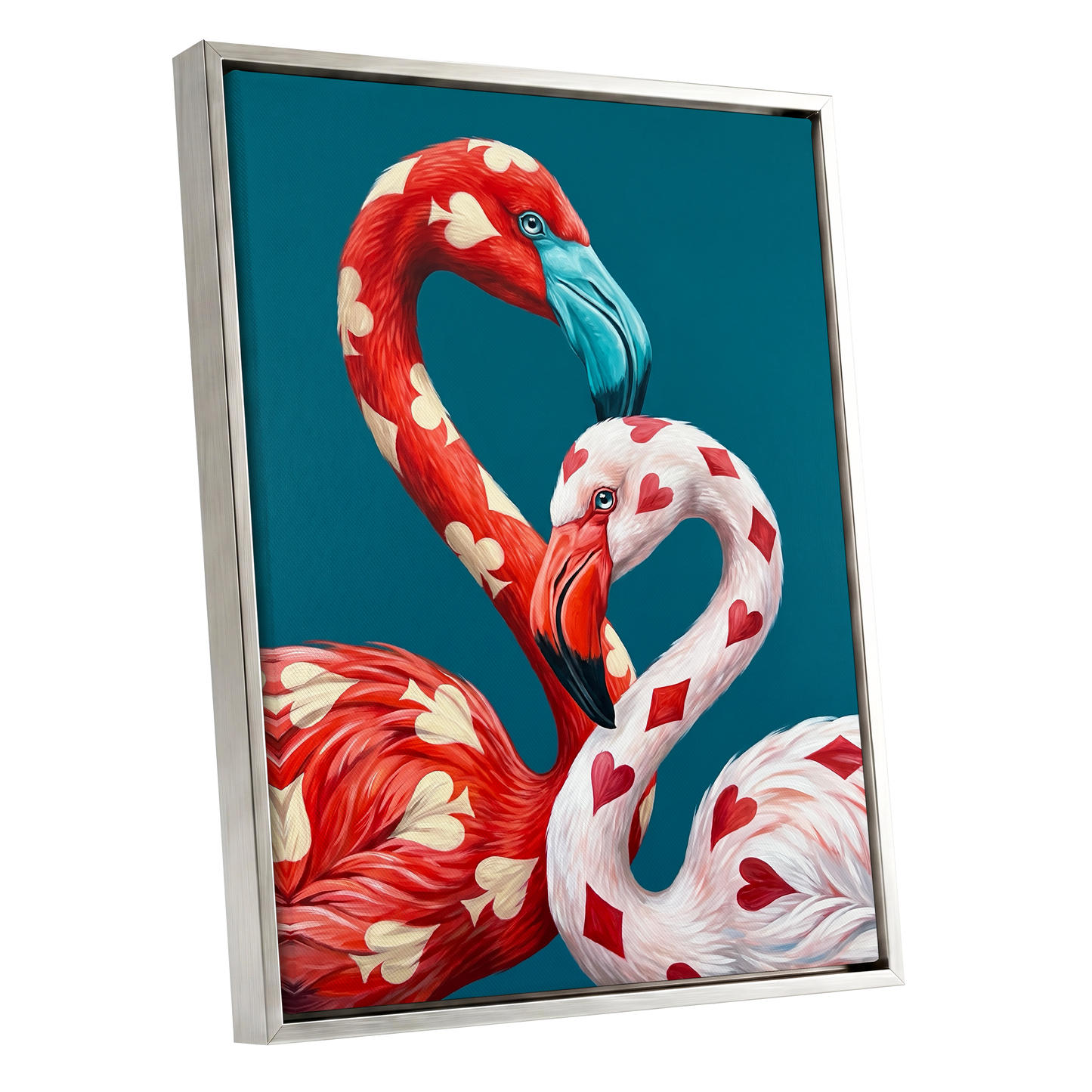 A Pair of Wild Cards, red, white, blue nature wall art shown as a silver framed canvas wall art