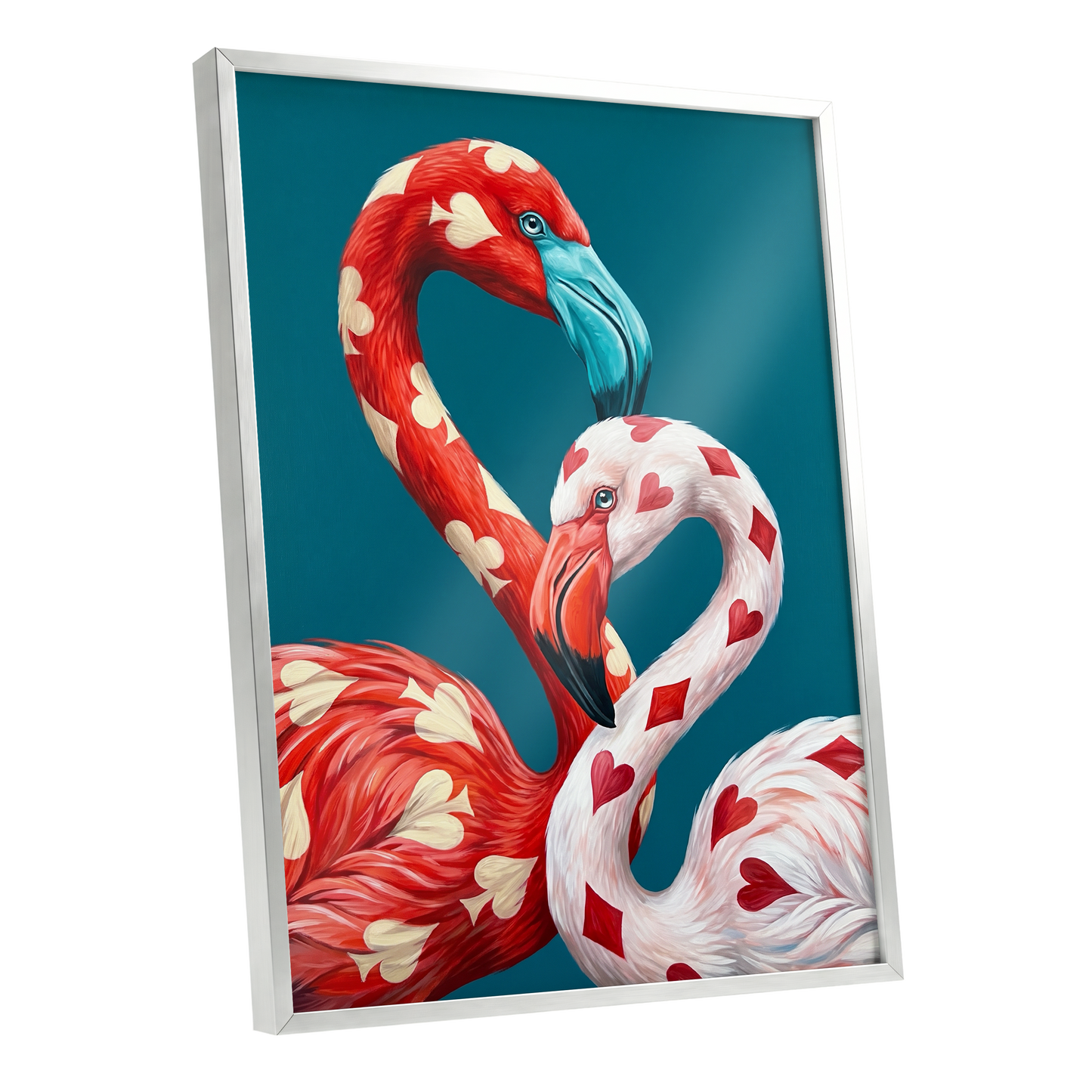 A Pair of Wild Cards, red, white, blue nature wall art shown as a silver framed poster wall art print