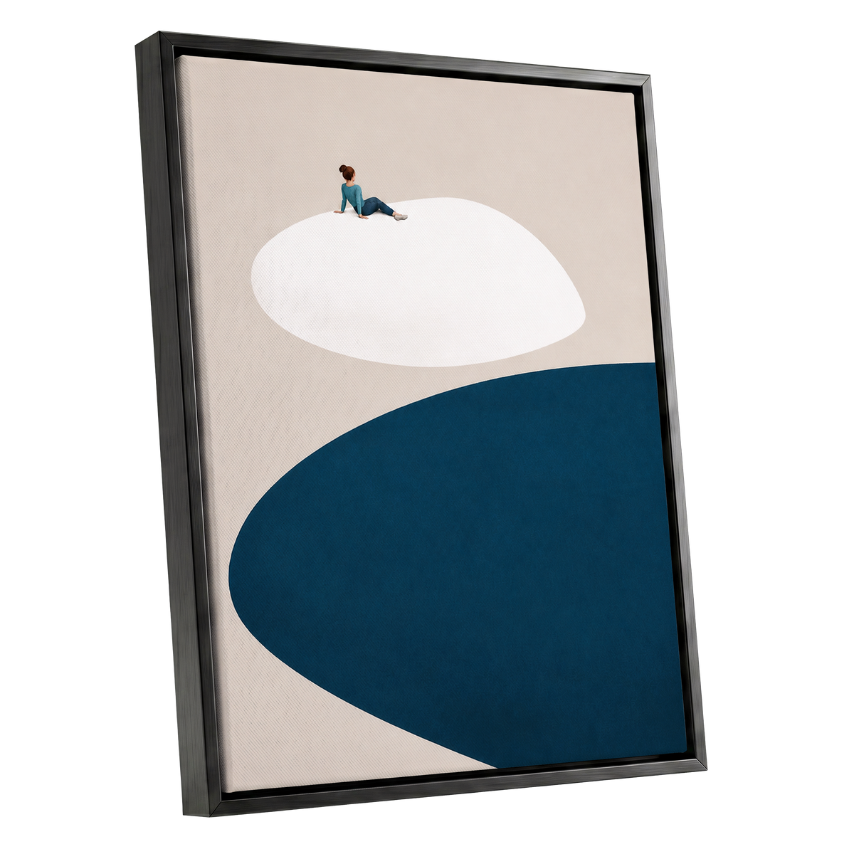 A Pause Above Blue, beige, white, blue minimalist wall art shown as a black framed canvas wall art