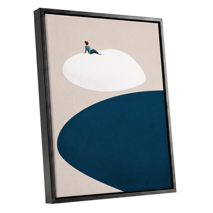 A Pause Above Blue, beige, white, blue minimalist wall art shown as a black framed canvas wall art