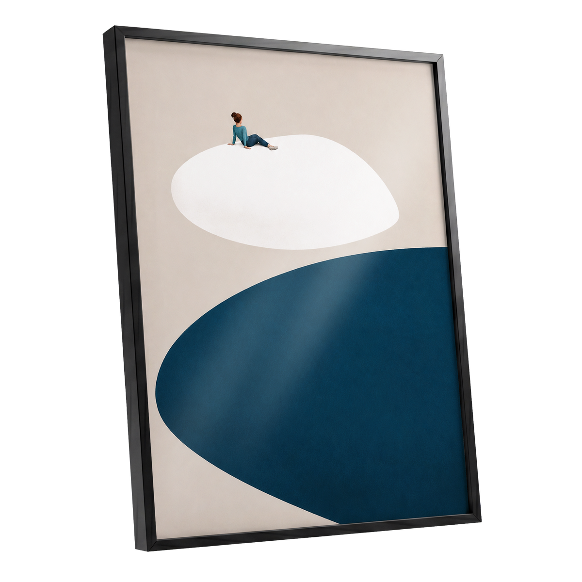 A Pause Above Blue, beige, white, blue minimalist wall art shown as a black framed poster wall art print