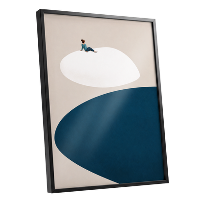A Pause Above Blue, beige, white, blue minimalist wall art shown as a black framed poster wall art print