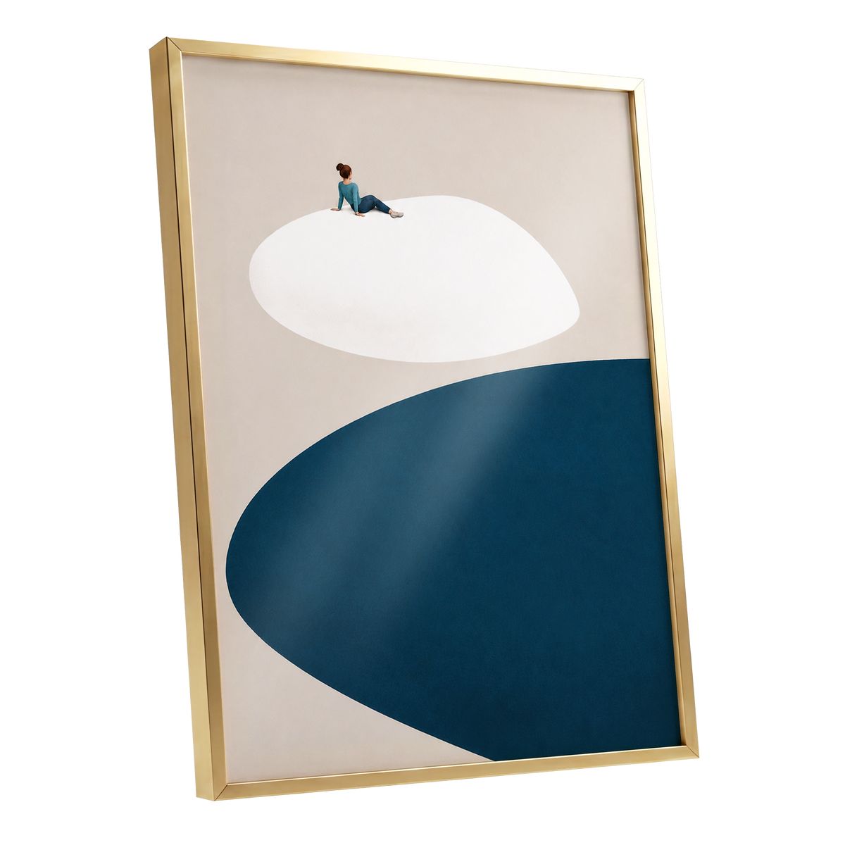 A Pause Above Blue, beige, white, blue minimalist wall art shown as a gold framed poster wall art print