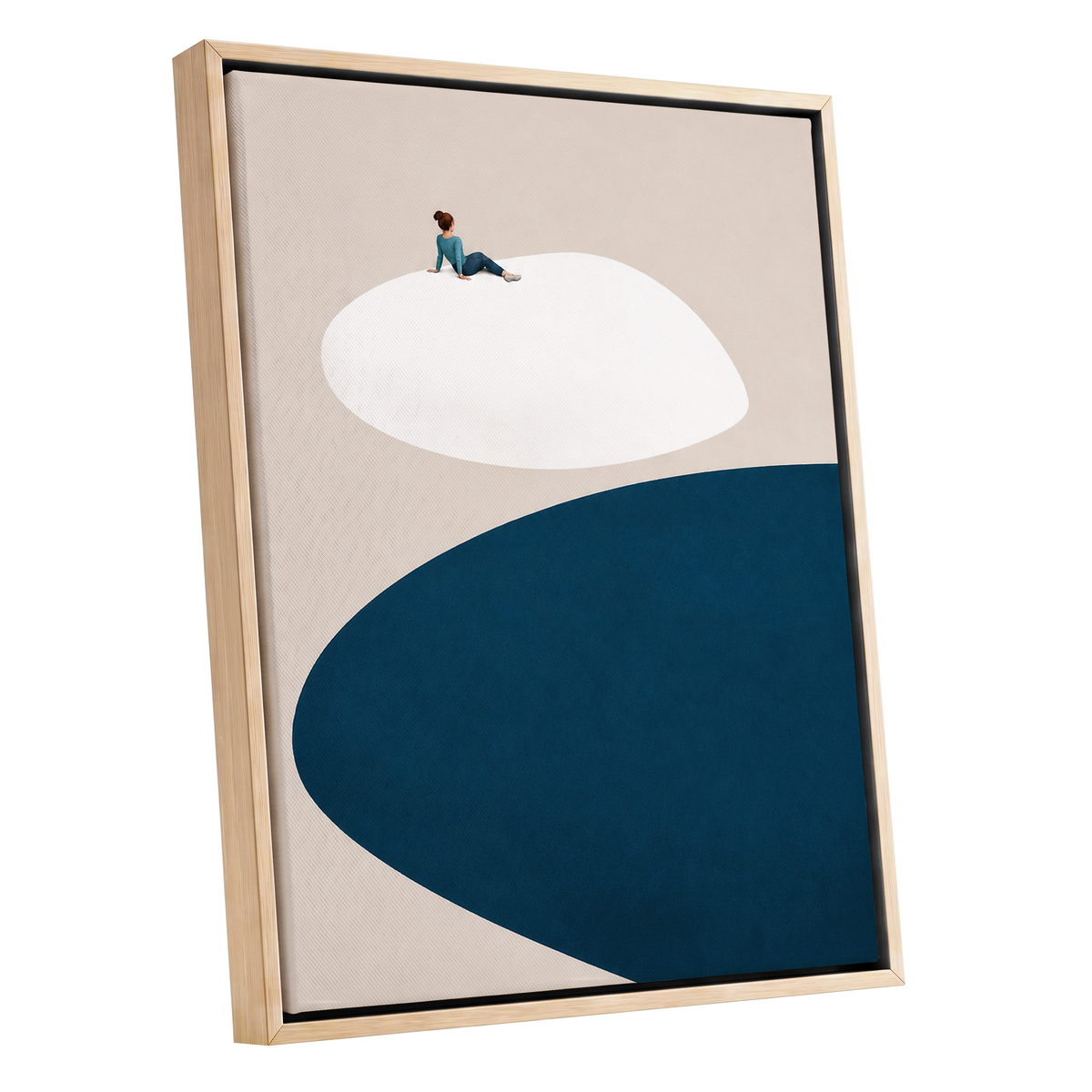 A Pause Above Blue, beige, white, blue minimalist wall art shown as a oak framed canvas wall art