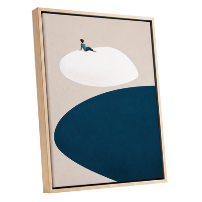 A Pause Above Blue, beige, white, blue minimalist wall art shown as a oak framed canvas wall art