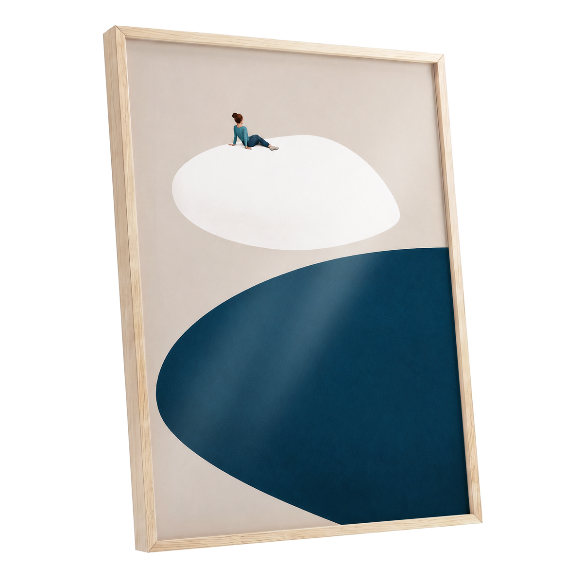 A Pause Above Blue, beige, white, blue minimalist wall art shown as a oak framed poster wall art print