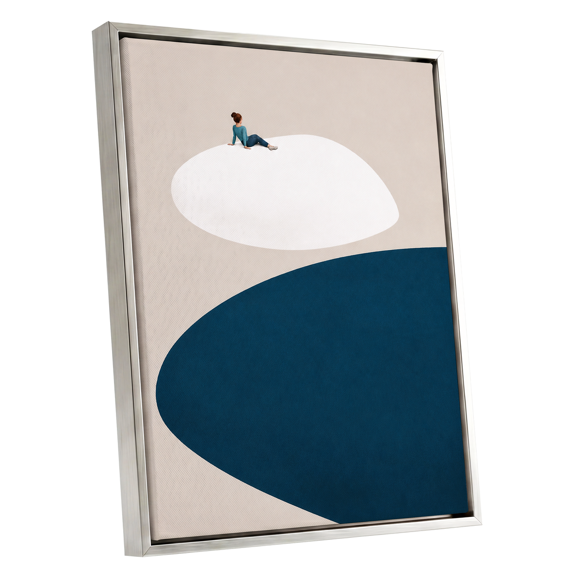 A Pause Above Blue, beige, white, blue minimalist wall art shown as a silver framed canvas wall art