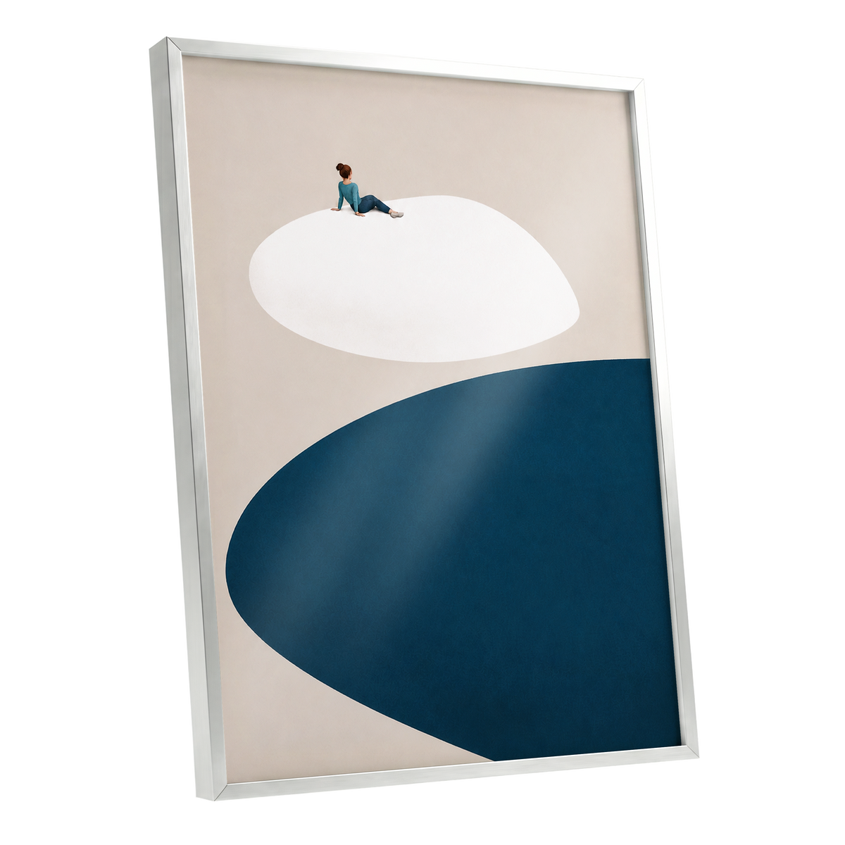 A Pause Above Blue, beige, white, blue minimalist wall art shown as a silver framed poster wall art print