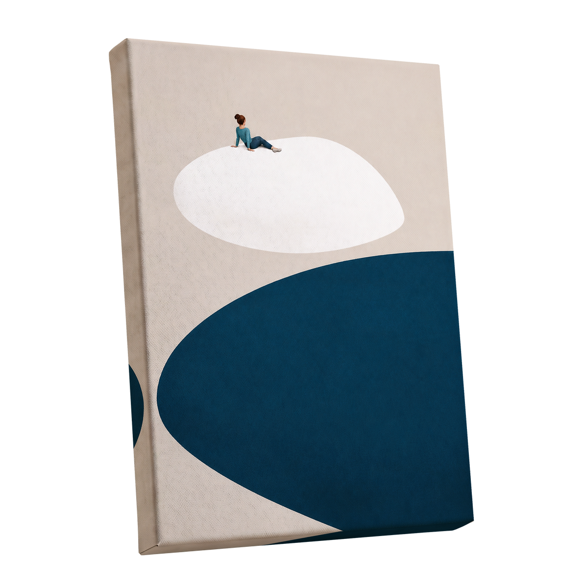 A Pause Above Blue, beige, white, blue minimalist wall art shown as a stretched canvas wall art