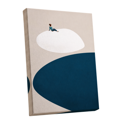 A Pause Above Blue, beige, white, blue minimalist wall art shown as a stretched canvas wall art