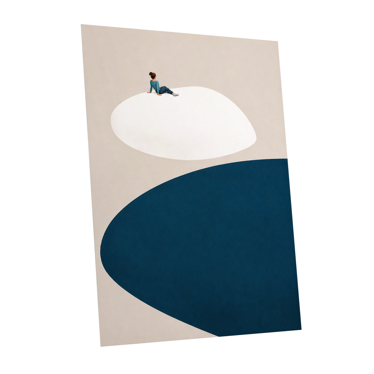 A Pause Above Blue, beige, white, blue minimalist wall art shown as a unframed poster wall art print