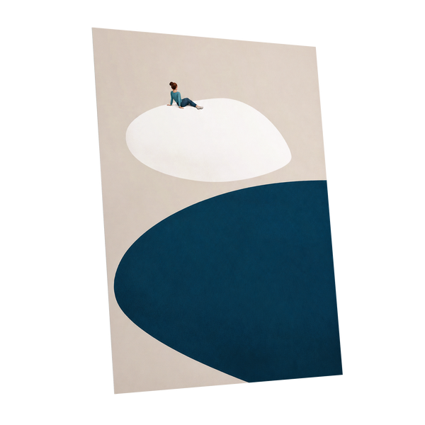 A Pause Above Blue, beige, white, blue minimalist wall art shown as a unframed poster wall art print