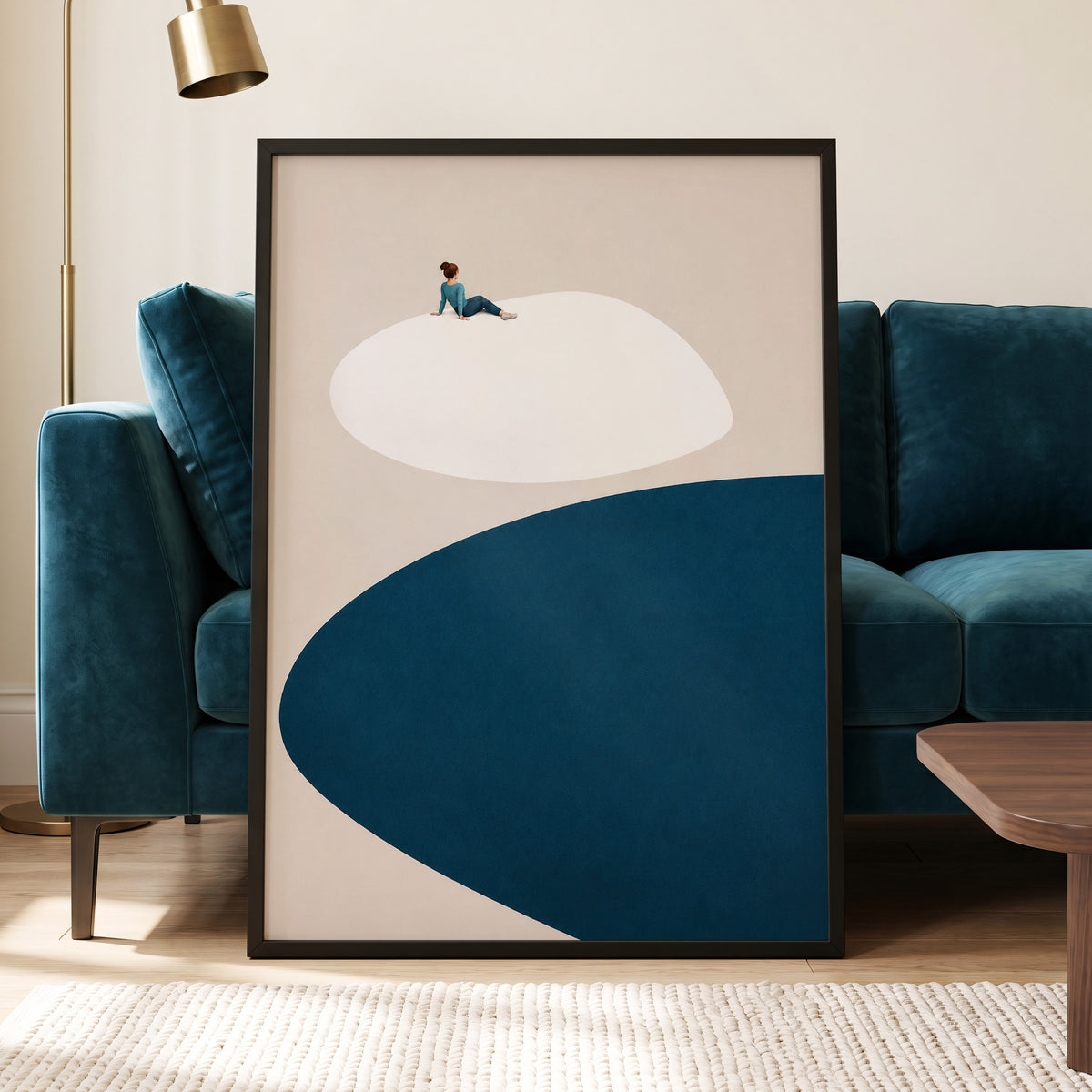 A Pause Above Blue, beige, white, blue minimalist wall art displayed in a styled interior, gallery view 2