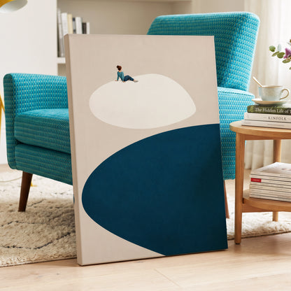A Pause Above Blue, beige, white, blue minimalist wall art displayed in a styled interior, gallery view 3