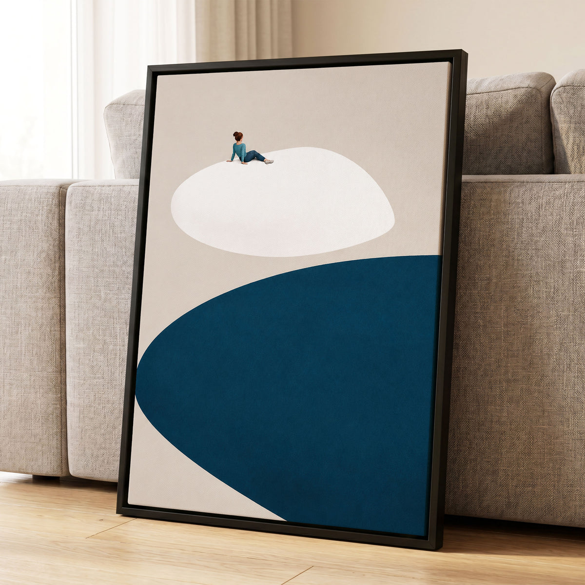 A Pause Above Blue, beige, white, blue minimalist wall art displayed in a styled interior, gallery view 4