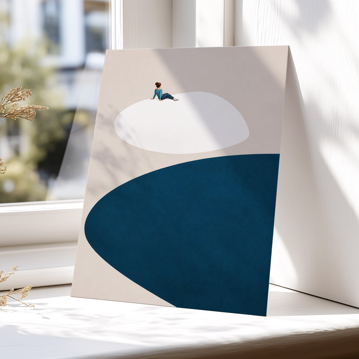 A Pause Above Blue, beige, white, blue minimalist wall art displayed in a styled interior, gallery view 5