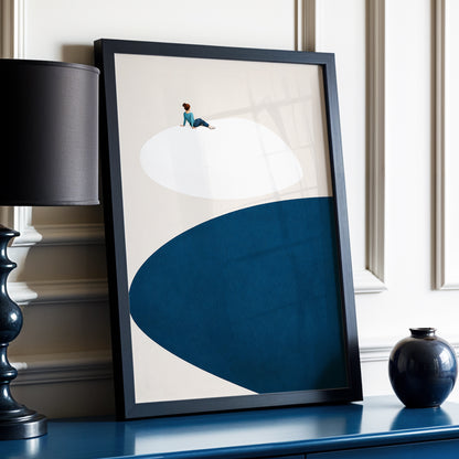 A Pause Above Blue, beige, white, blue minimalist wall art displayed in a styled interior, gallery view 6