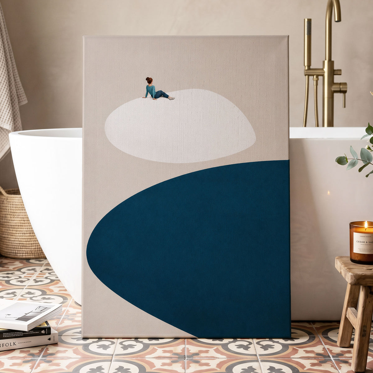 A Pause Above Blue, beige, white, blue minimalist wall art displayed in a styled interior, gallery view 7