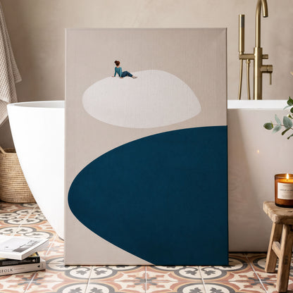 A Pause Above Blue, beige, white, blue minimalist wall art displayed in a styled interior, gallery view 7